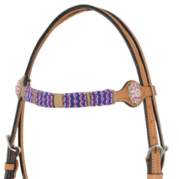 Country Legend Pink Bead & Crystal Concho Browband Headstall, Golden Tan