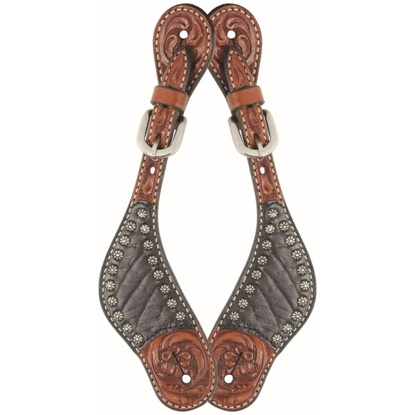 Country Legend Elephant Carving & Sun Spots Spur Straps, Chestnut, Ladies