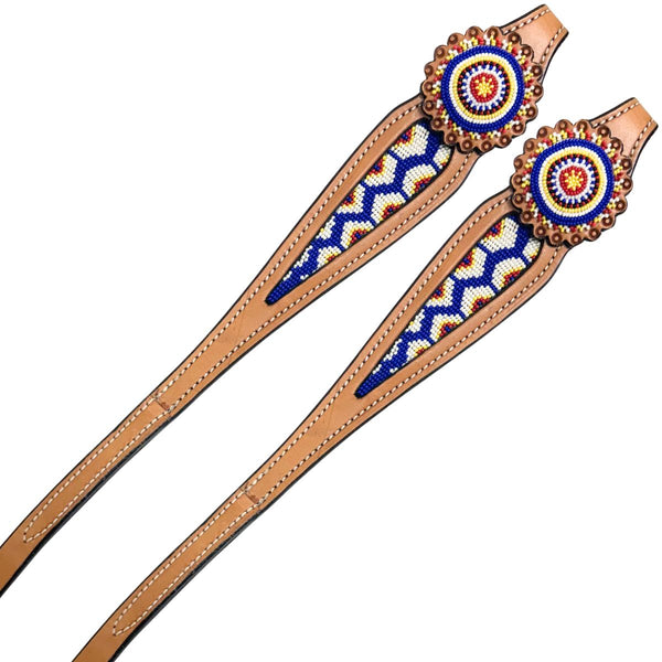 Sierra Beaded Light Oil Leather Reins, Royal Blue, 5/8" x 8'
