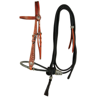 Sierra Flower Headstall Bosal Set, Soft Chestnut with Black Reins
