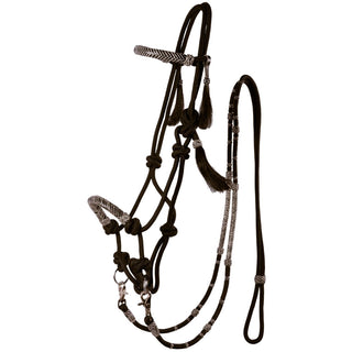 Country Legend Rope & Rawhide Bitless Bridle with Reins, Black
