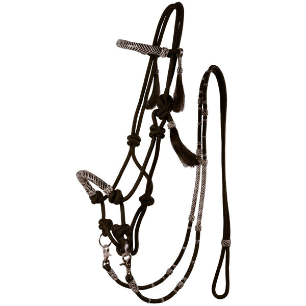 Country Legend Rope & Rawhide Bitless Bridle with Reins, Black