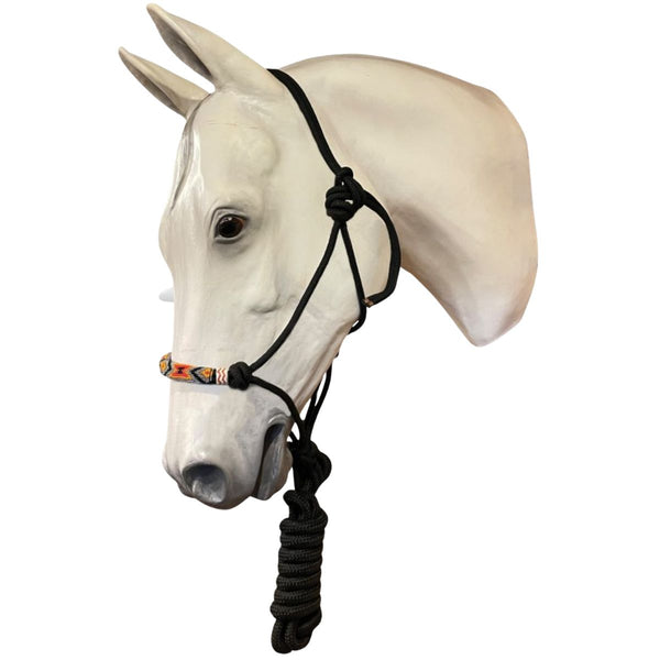 Country Legend Beaded Rope Horse Halter, Black/Grey/Red