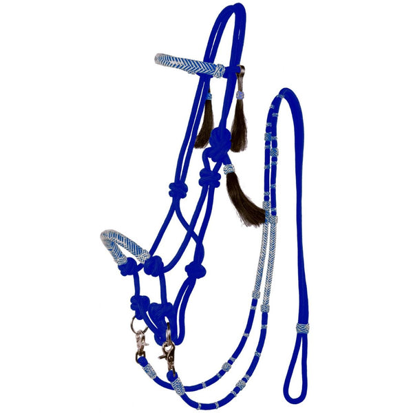 Country Legend Rope & Rawhide Bitless Bridle With Reins, Blue
