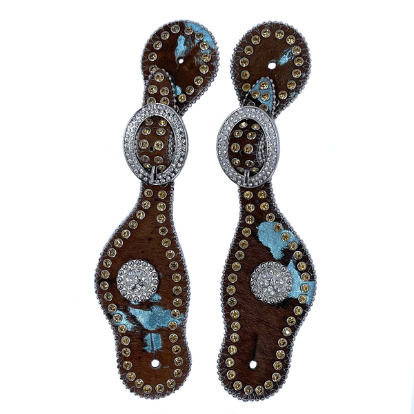 3D Tack Brown & Turquoise Hair Spur Strap with Crystals & Round Conchos